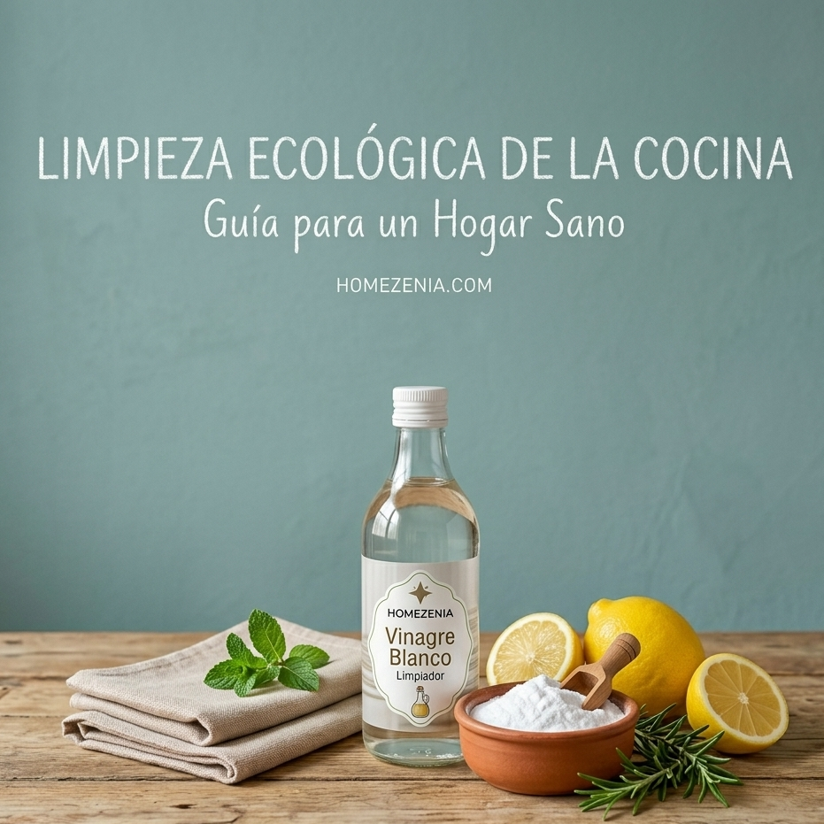 Ingredientes naturales y atomizador con vinagre para una limpieza ecológica de la cocina efectiva en Homezenia.