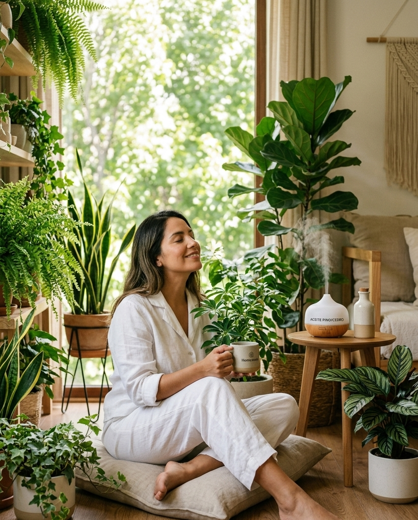 Persona relajada practicando baños de bosque en casa rodeada de plantas y luz natural en Homezenia.