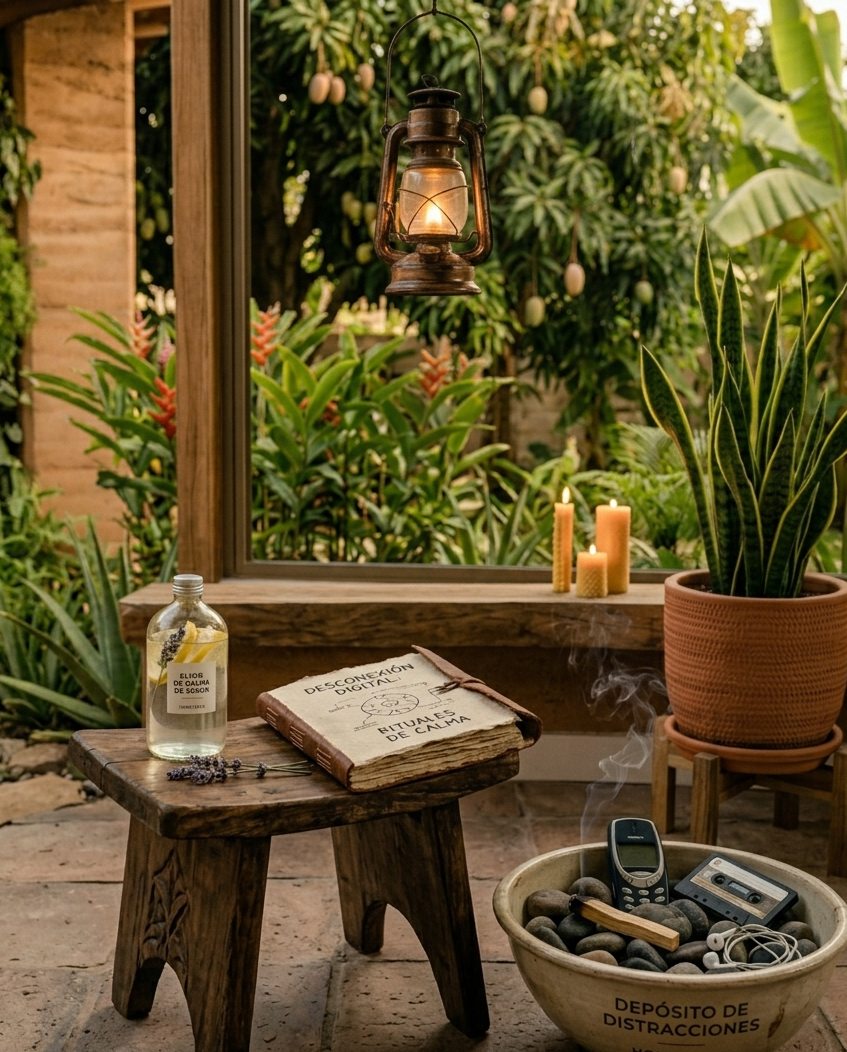 Rincón de paz en el hogar con un libro y una vela, sin dispositivos electrónicos, fomentando la desconexión digital.